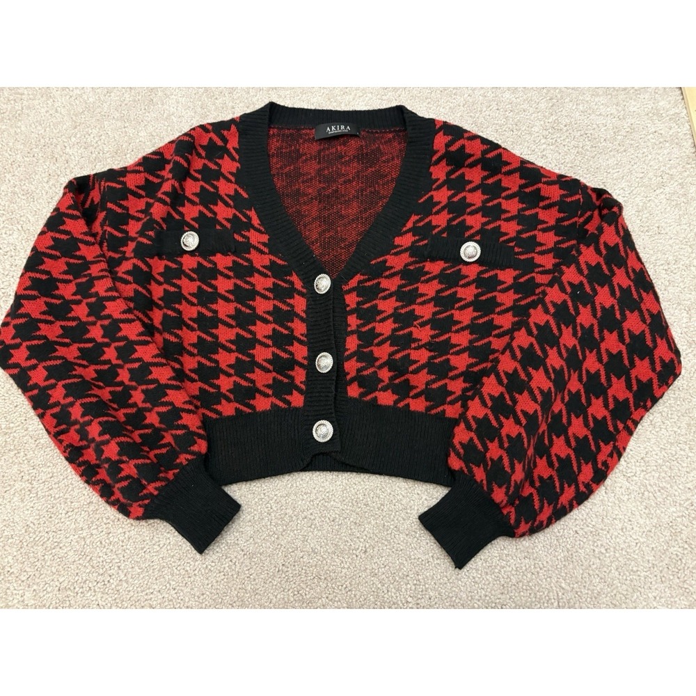 Women's Akira Cropped Cardigan Sweater Houndstooth Red Size Large